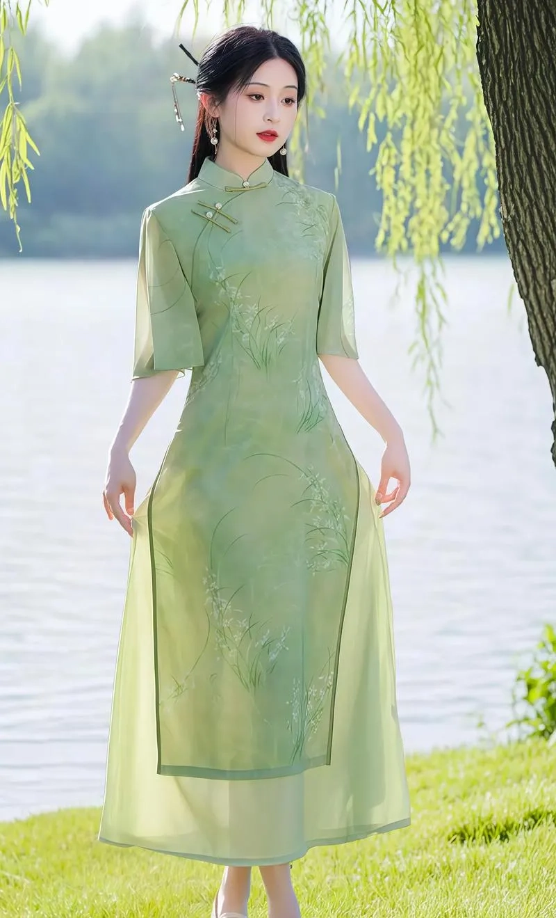 Áo dài cách tân vải gấm sang trọng bắt sáng