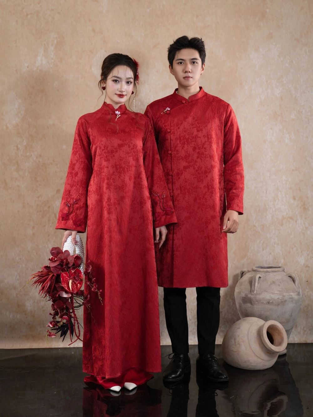 Cách phối đồ áo dài đôi nam nữ cùng mấn đội đầu truyền thống