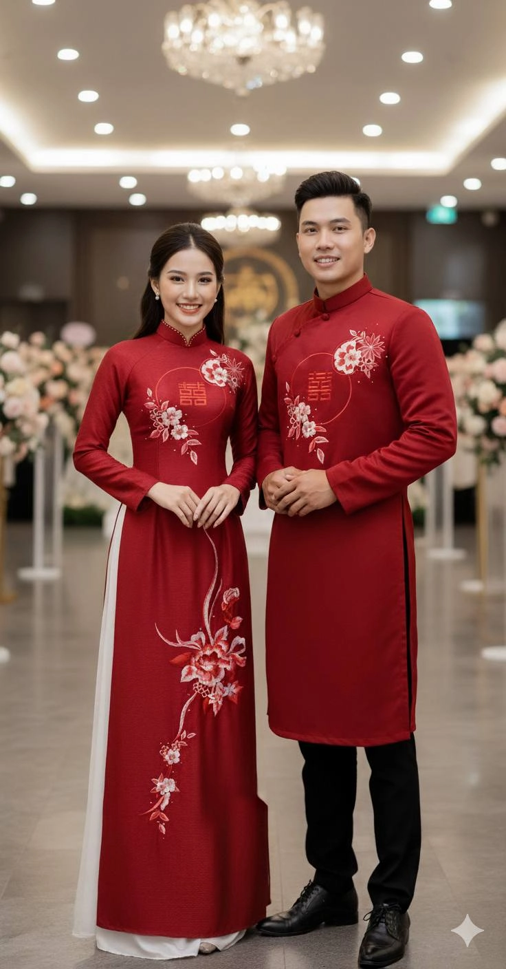 Hình ảnh áo dài đôi nam nữ cách tân hiện đại và năng động