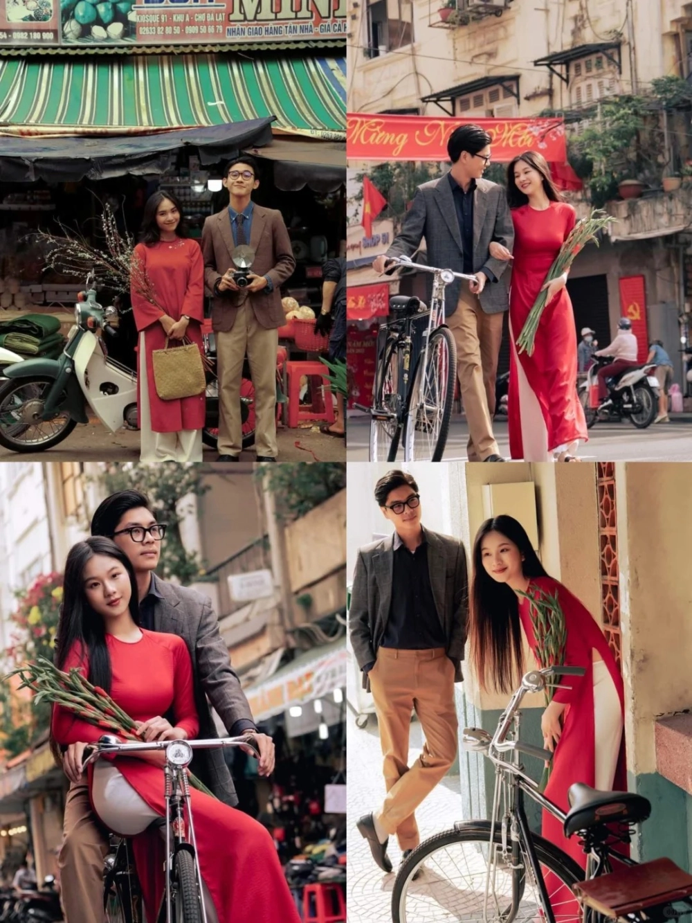 Hình ảnh áo dài đôi nam nữ mặc đi chúc tết họ hàng ấm cúng