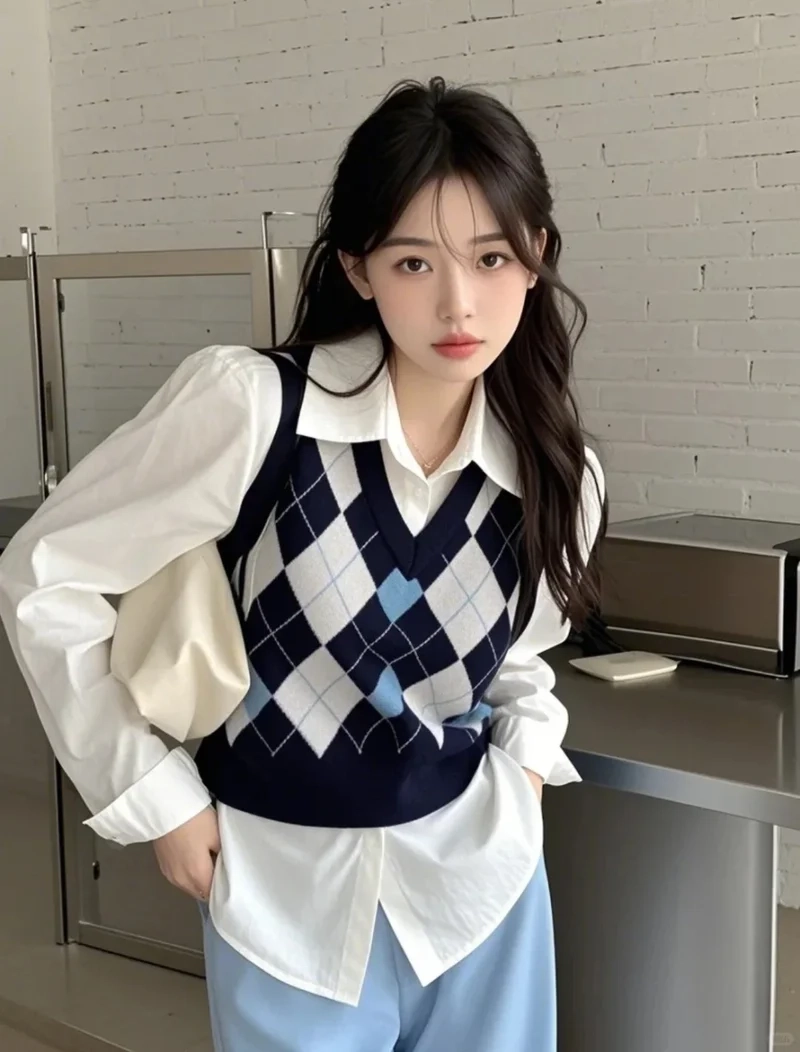 Mix đồ nữ tính cùng áo gile len phối đồ nữ tính