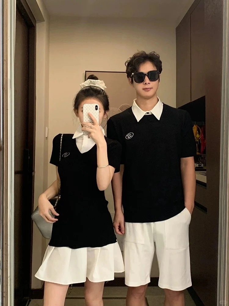 Áo polo cặp màu trắng phối viền đen hiện đại