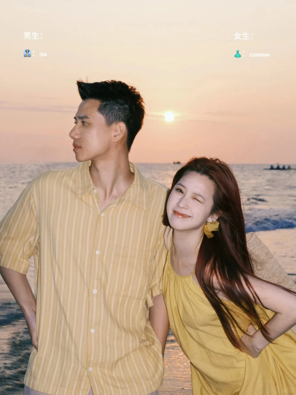 Trang phục đi biển cặp đôi phối hợp màu sắc đồng điệu