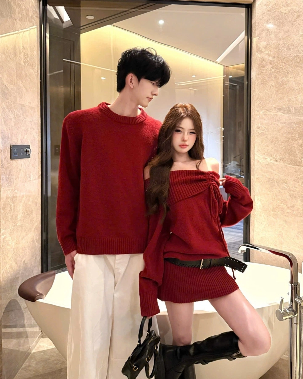 Cặp đôi diện đồ đôi màu đỏ may mắn dạo phố xuân rực rỡ