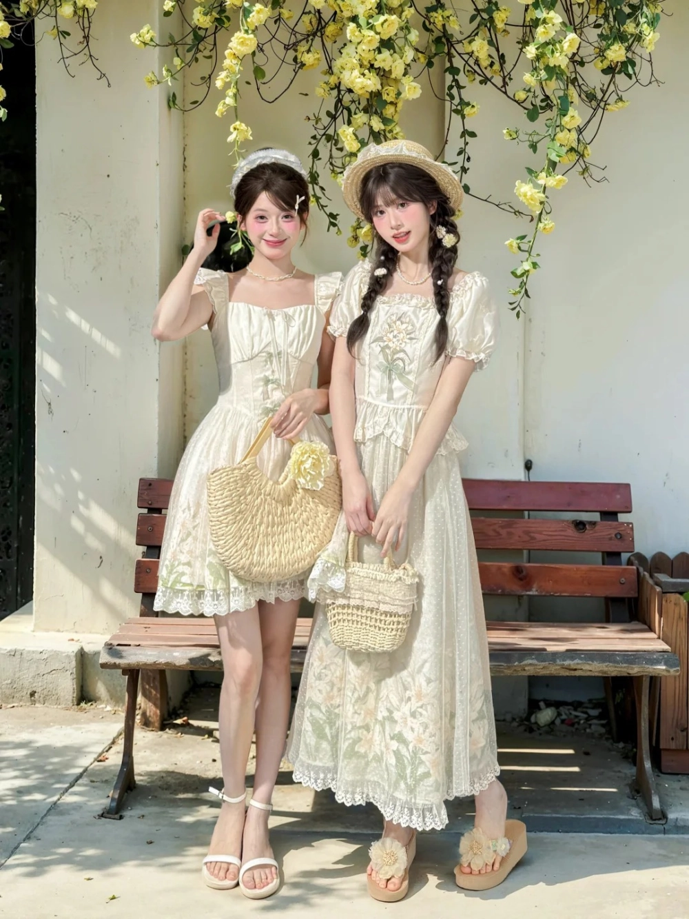 Hai bé diện váy đôi chị em gái màu đỏ nổi bật giữa phố