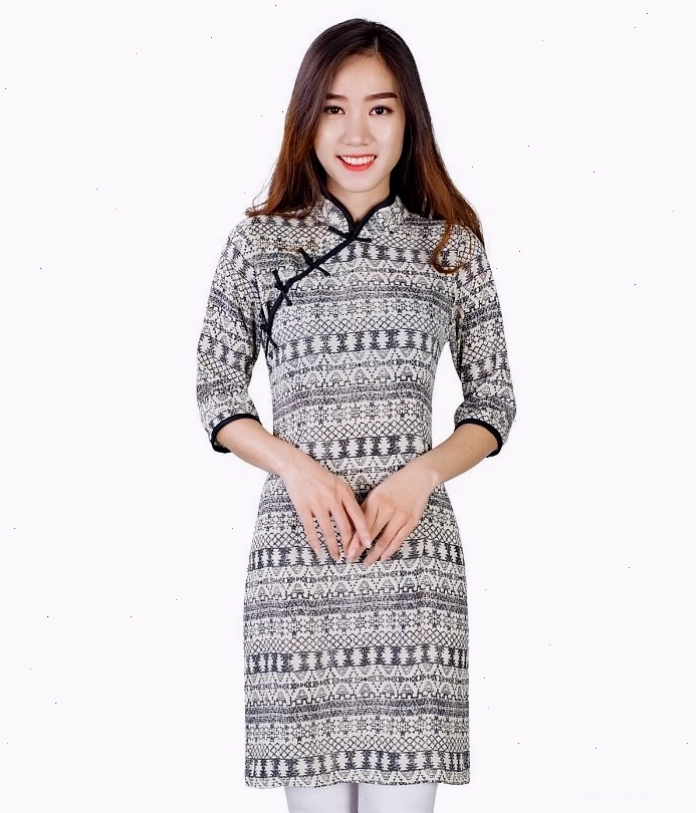 Áo dài cách tân cổ tàu, tay dài, chất liệu lụa in họa tiết