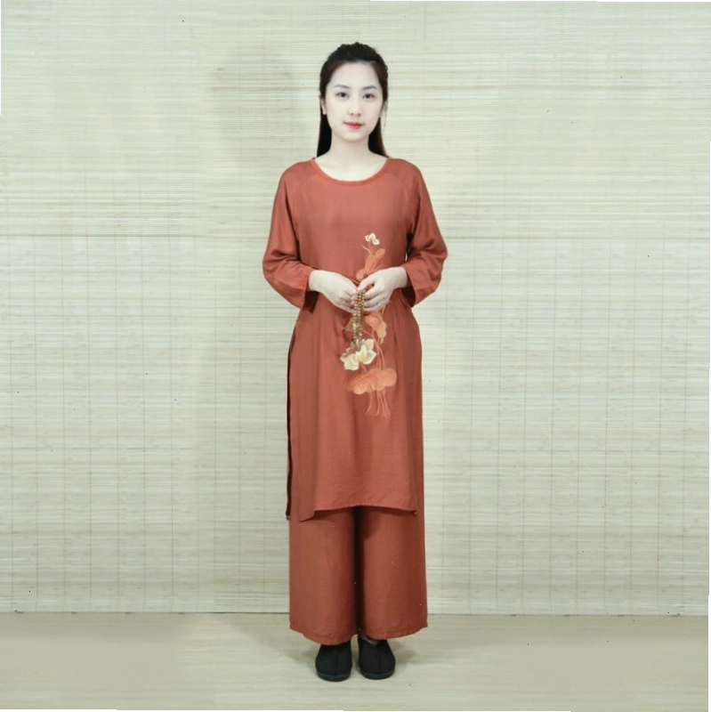 Áo Dài Cách Tân Đi Chùa Hoa Sen Màu Nâu, Size S, M, L