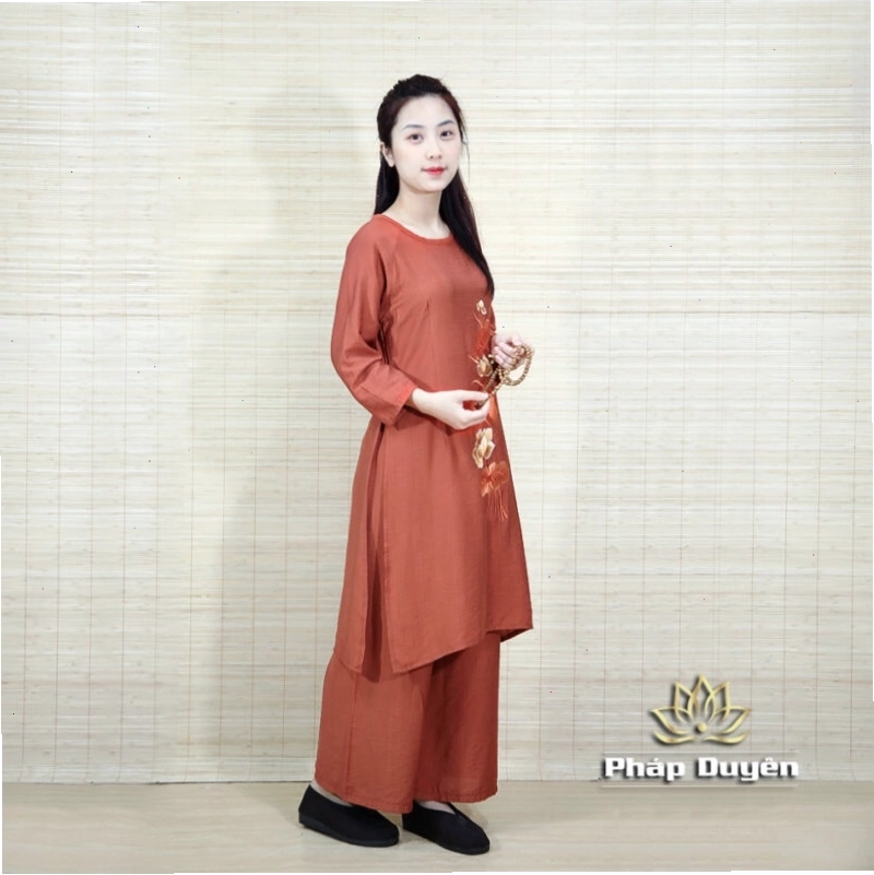 Áo Dài Cách Tân Đi Chùa Hoa Sen Màu Nâu, Size S, M, L - Ảnh 2