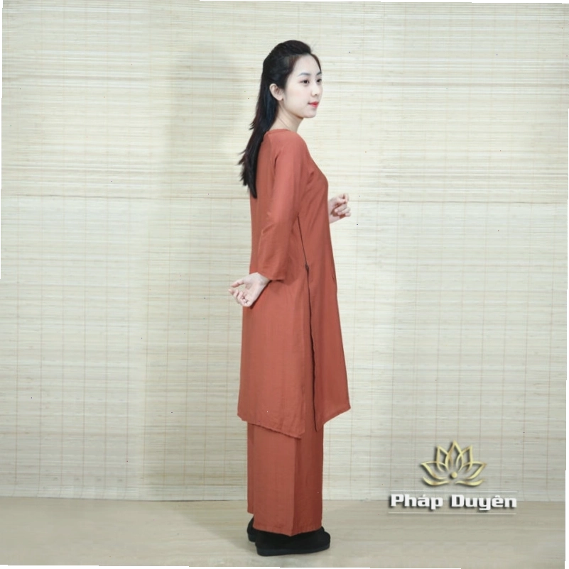 Áo Dài Cách Tân Đi Chùa Hoa Sen Màu Nâu, Size S, M, L - Ảnh 3
