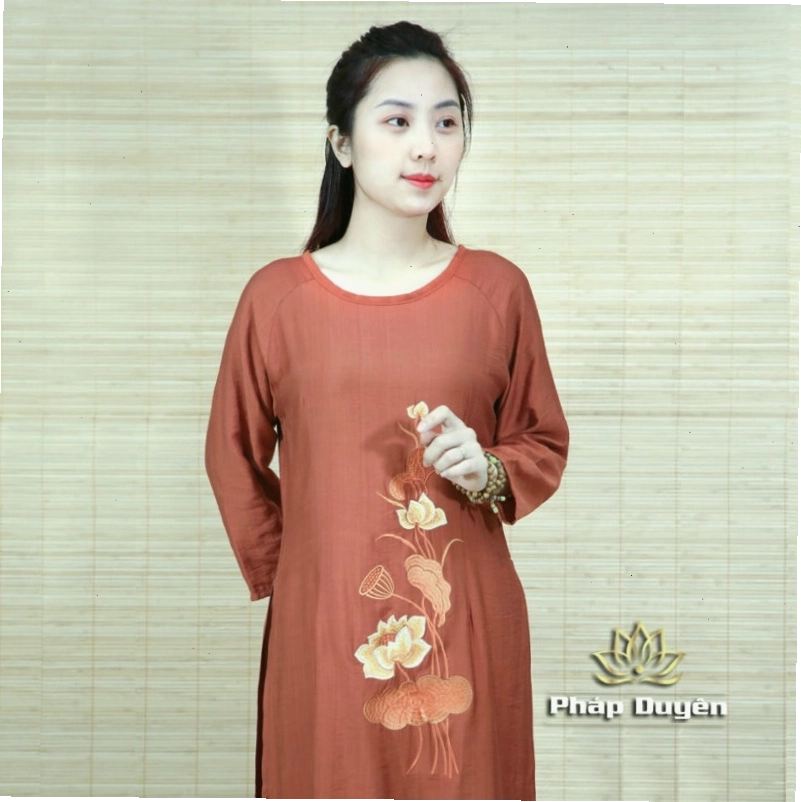 Áo Dài Cách Tân Đi Chùa Hoa Sen Màu Nâu, Size S, M, L - Ảnh 4