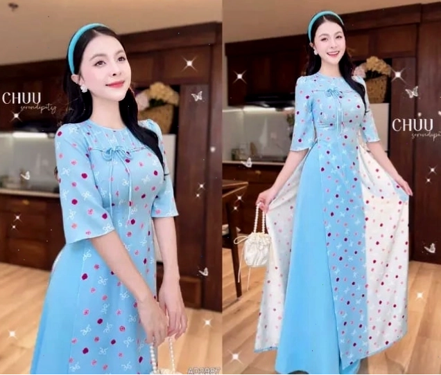 Áo dài cách tân màu vàng chanh tươi sáng, họa tiết hình học