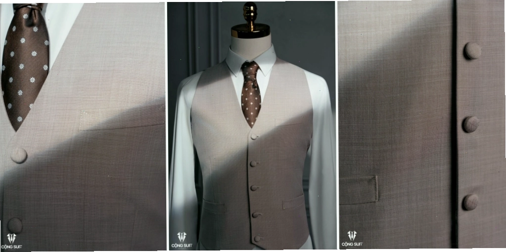 Áo dài cách tân với áo gile nam màu be phong cách vintage