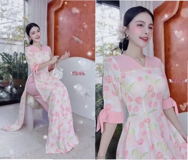 Áo dài cách tân với phần eo được nhấn nhá bằng chi tiết đính kết