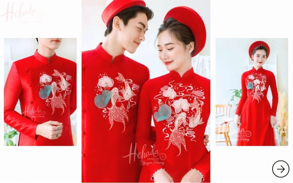 Áo dài cặp cô dâu chú rể màu đỏ đính Song Ngư ấn tượng