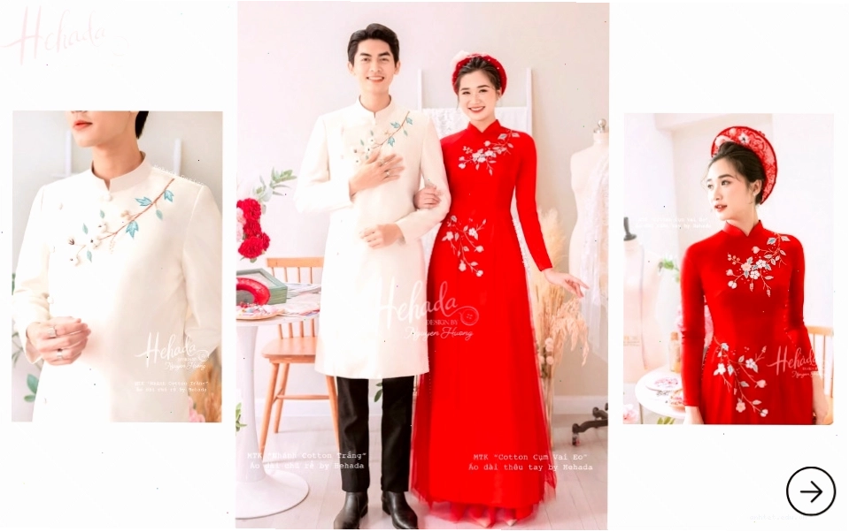 Áo dài cô dâu chú rể thêu tay chất liệu cotton