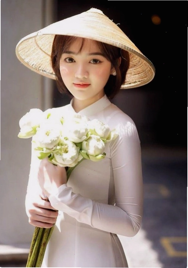 Áo dài cổ điển màu trắng, tay dài, chất liệu gấm