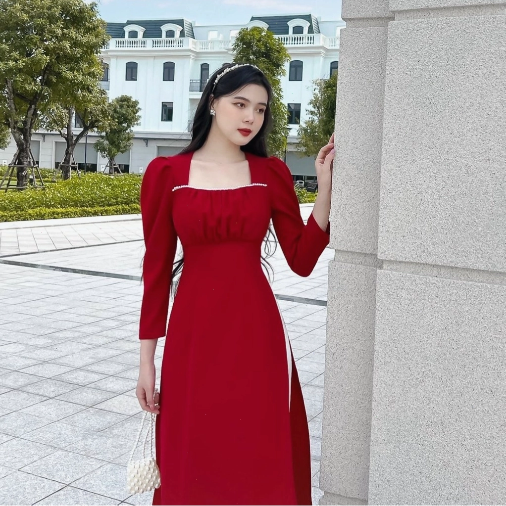 Áo dài cổ vuông, tay phồng, chất liệu vải tweed