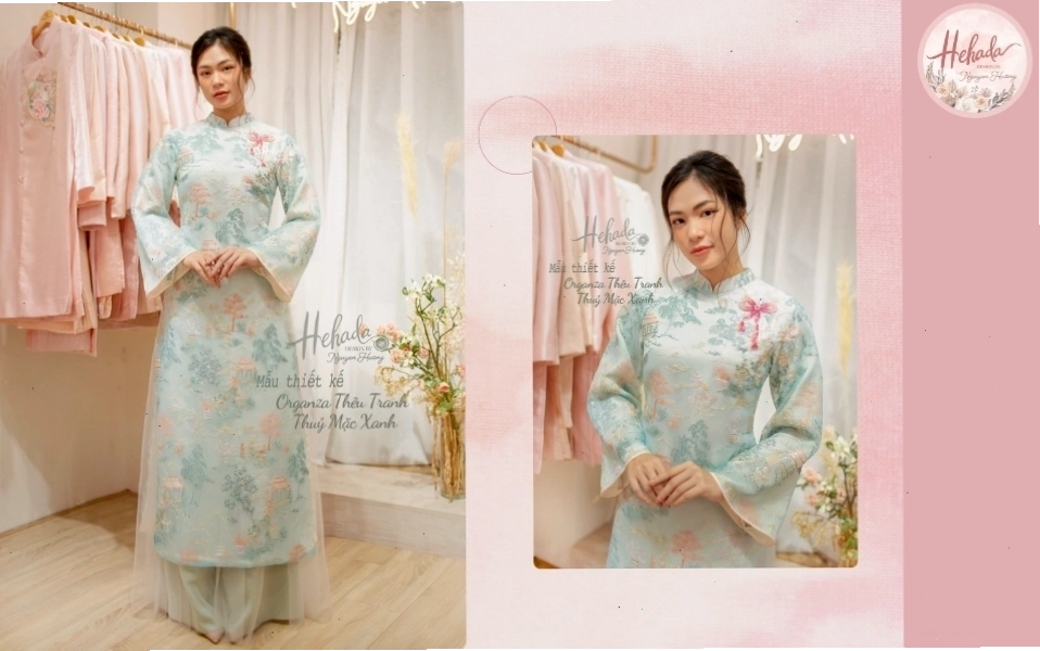 Áo dài cưới cách tân với họa tiết hoa văn nổi bật, màu sắc tươi trẻ