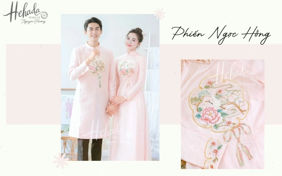 Áo dài cưới cặp đôi màu hồng pastel, thêu họa tiết chim uyên ương