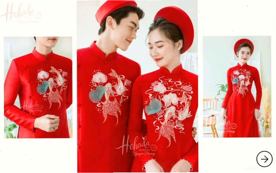 Áo dài cưới đôi màu đỏ rực rỡ họa tiết Song Ngư