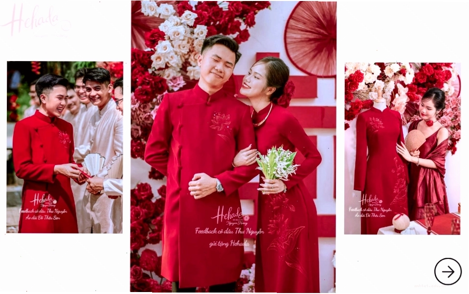 Áo dài cưới đôi màu đỏ thêu hoa sen