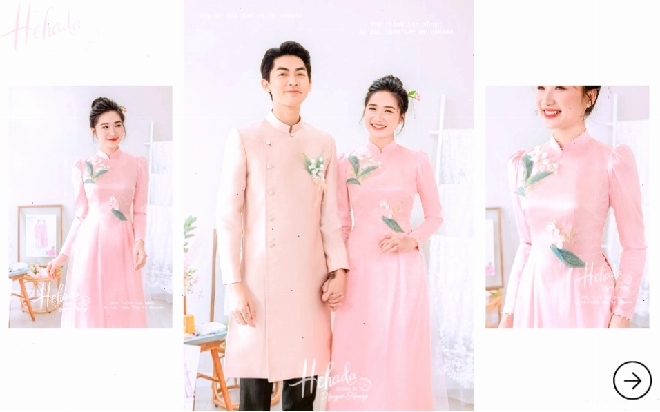 Áo dài cưới đôi màu hồng đính hoa linh lan