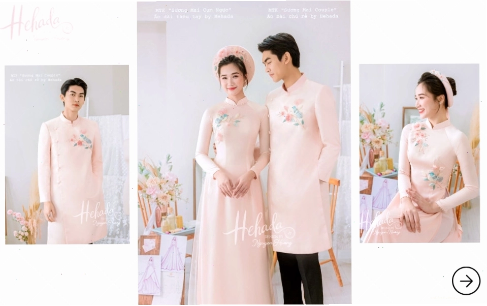 Áo dài cưới đôi màu hồng pastel ngọt ngào
