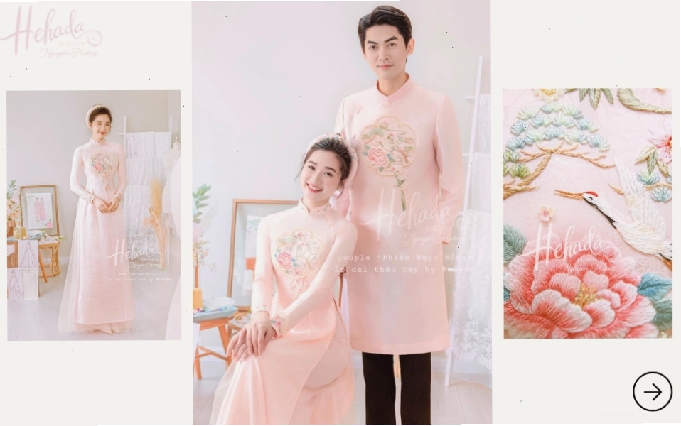 Áo dài cưới đôi màu hồng thêu tay tinh xảo