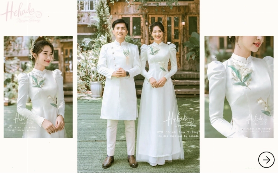 Áo dài cưới đôi màu trắng đính hoa linh lan tinh khôi