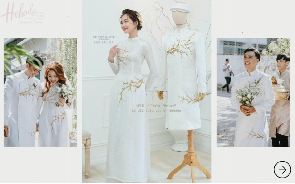 Áo dài cưới đôi màu trắng thêu trúc