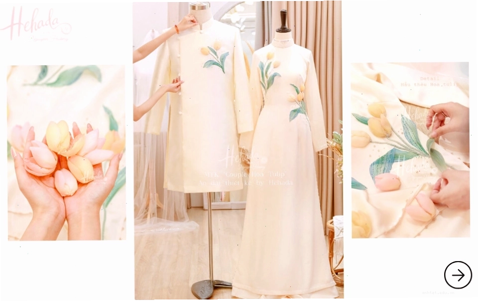 Áo dài cưới đôi màu vàng đính hoa tulip