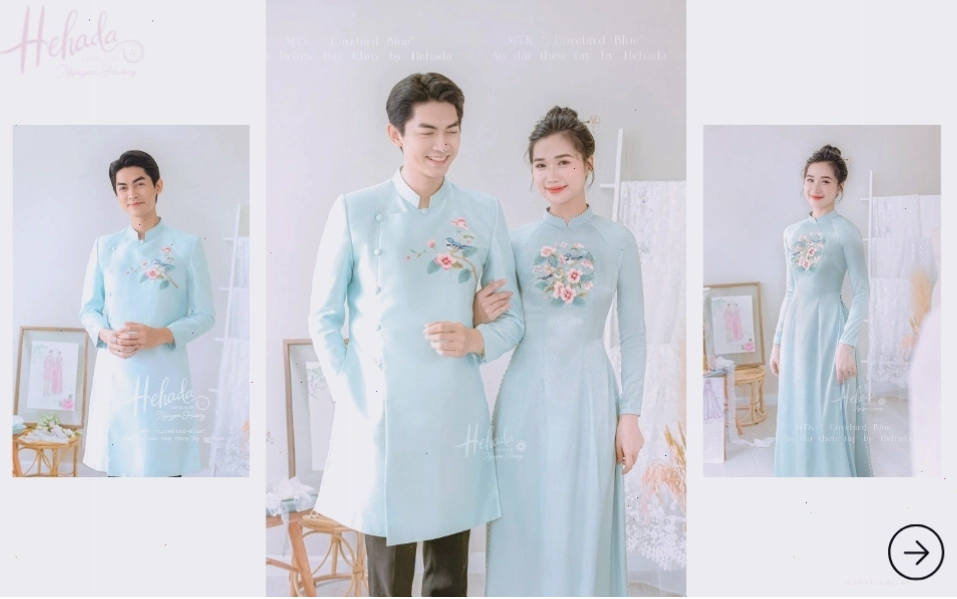 Áo dài cưới đôi màu xanh baby thêu họa tiết chim uyên ương