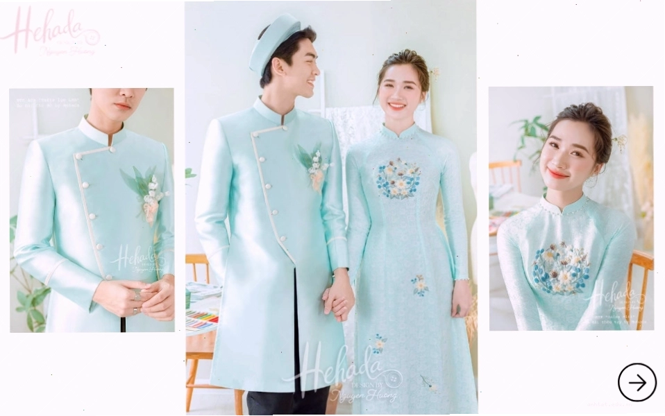 Áo dài cưới đôi màu xanh thêu hoa cúc