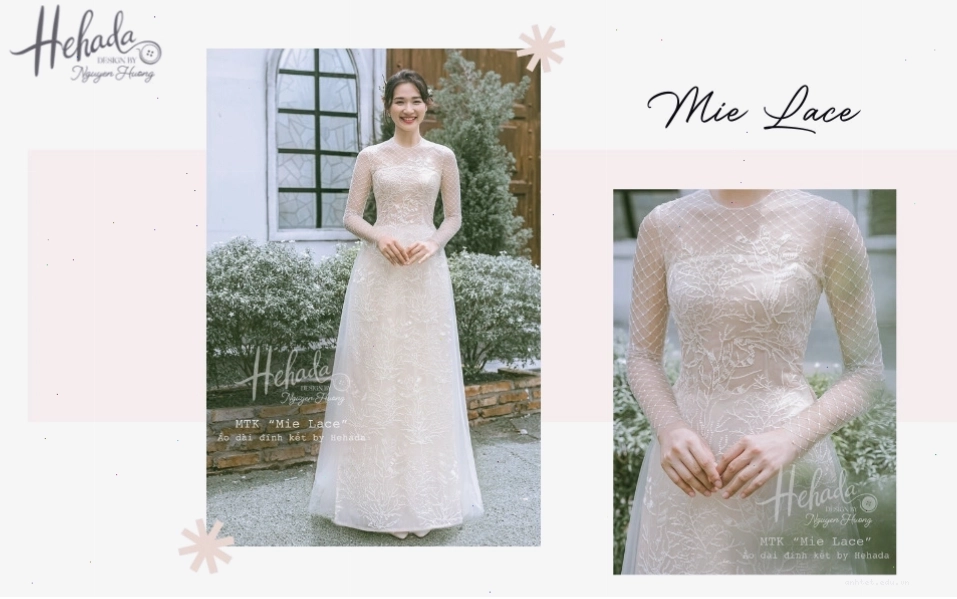 Áo dài cưới trắng phối ren ở cổ và tay áo, tạo điểm nhấn thanh lịch