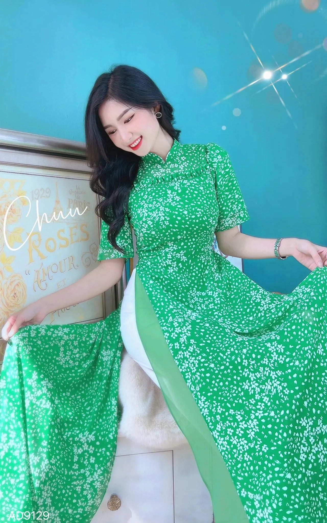 Áo dài đồng phục bèo ngang bốn tà, màu hồng phấn