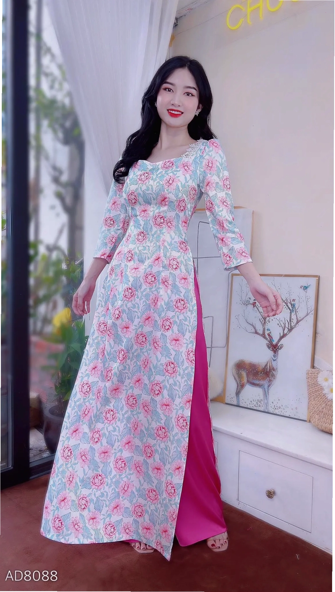 Áo dài đồng phục hoa gấm cổ én màu đỏ