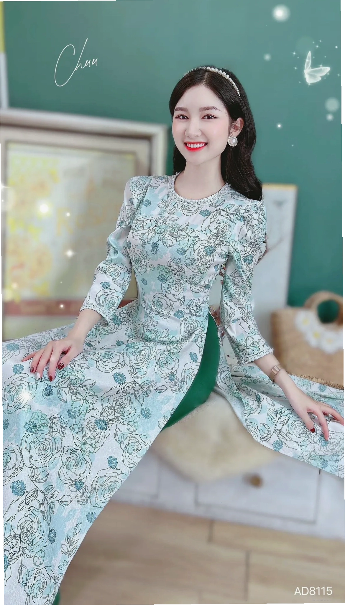 Áo dài đồng phục hoa ren kết ngọc trai