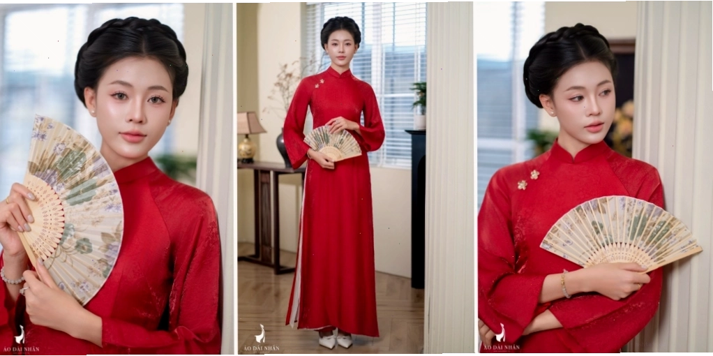 Áo dài gấm đỏ đô sang trọng, quý phái