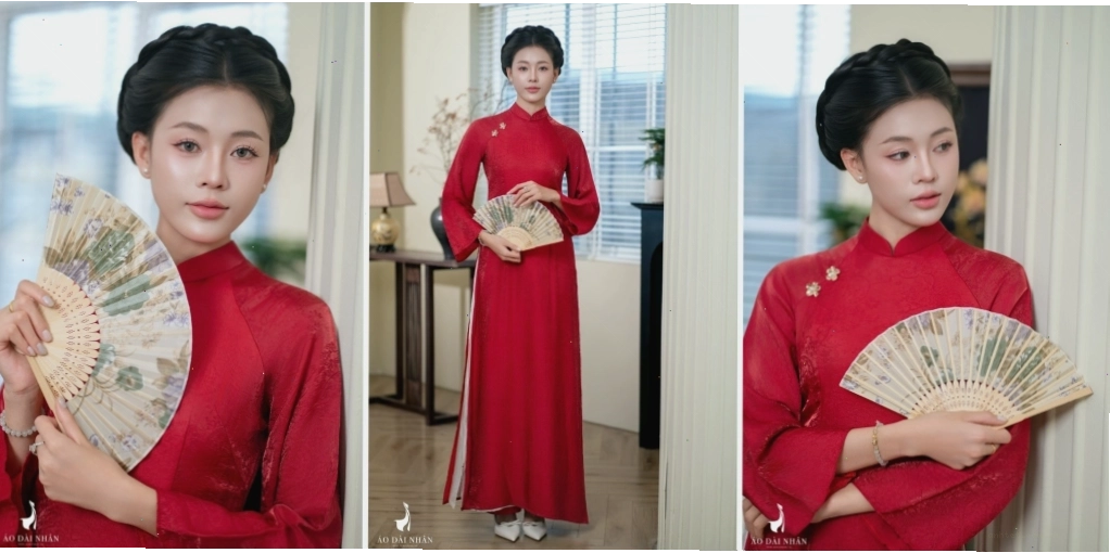 Áo dài gấm đỏ đô sang trọng với họa tiết rồng tinh xảo