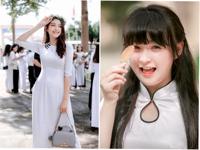 Áo dài học sinh với quần lụa đen và giày cao gót