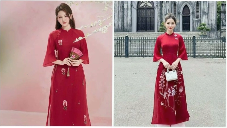 Áo dài màu đỏ kiểu cách tân