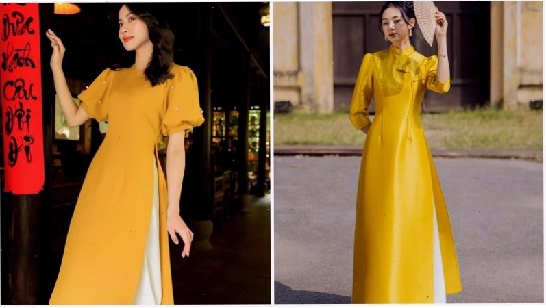 Áo dài màu vàng kiểu cách tân