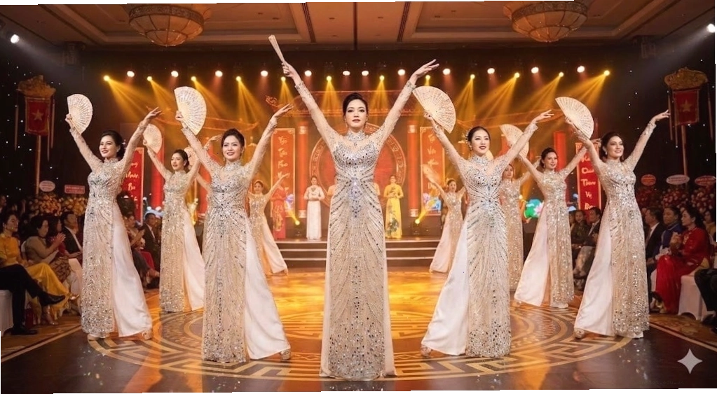 Áo dài múa cổ điển đính kết cườm và đá lấp lánh trên nền vải gấm