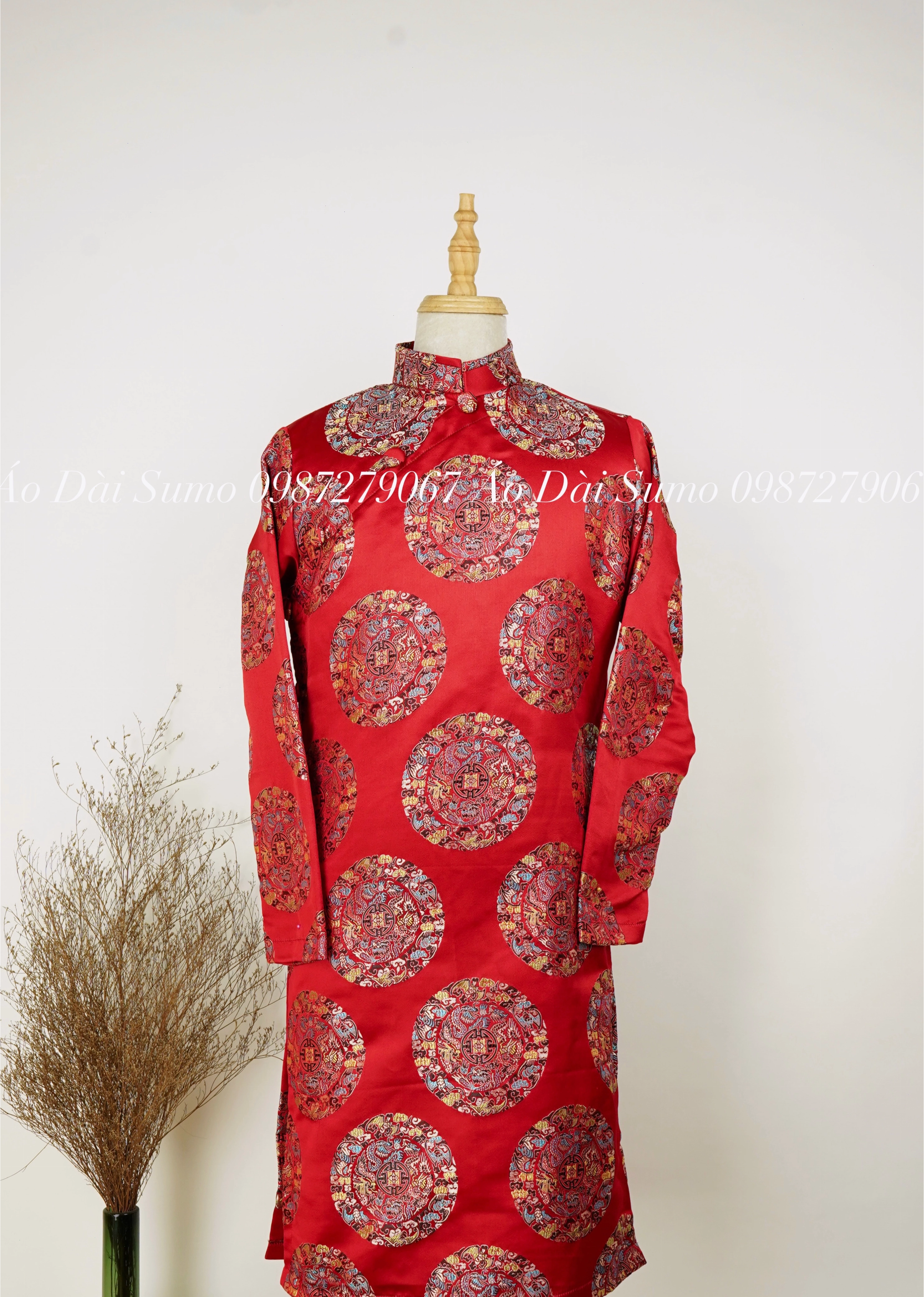 Áo dài nam bigsize gấm đỏ, cổ trụ