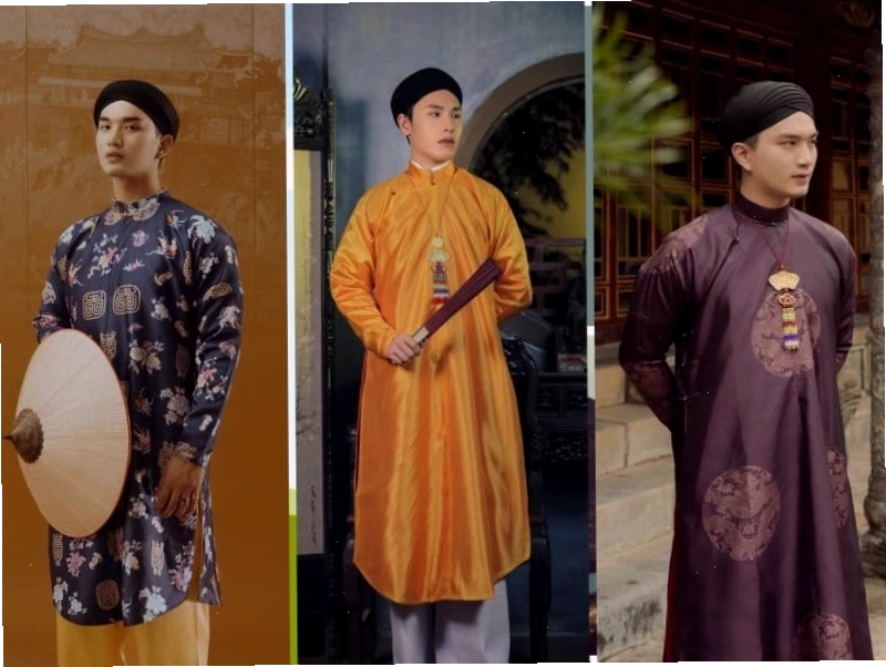 Áo dài nam truyền thống xưa, màu xanh cổ vịt, chất liệu gấm.