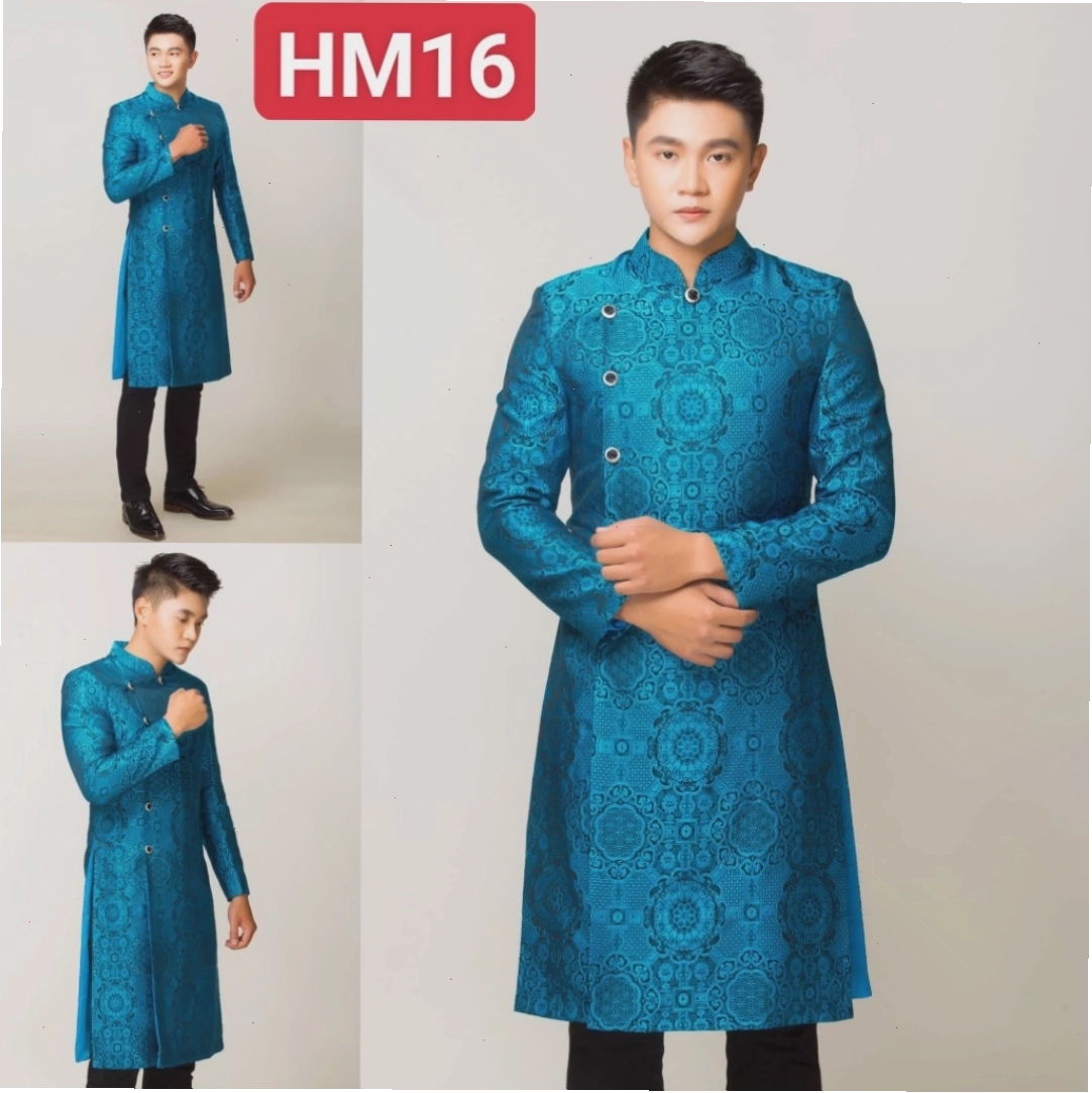 Áo dài nam vải gấm màu be, cổ tròn, dáng suông thoải mái.
