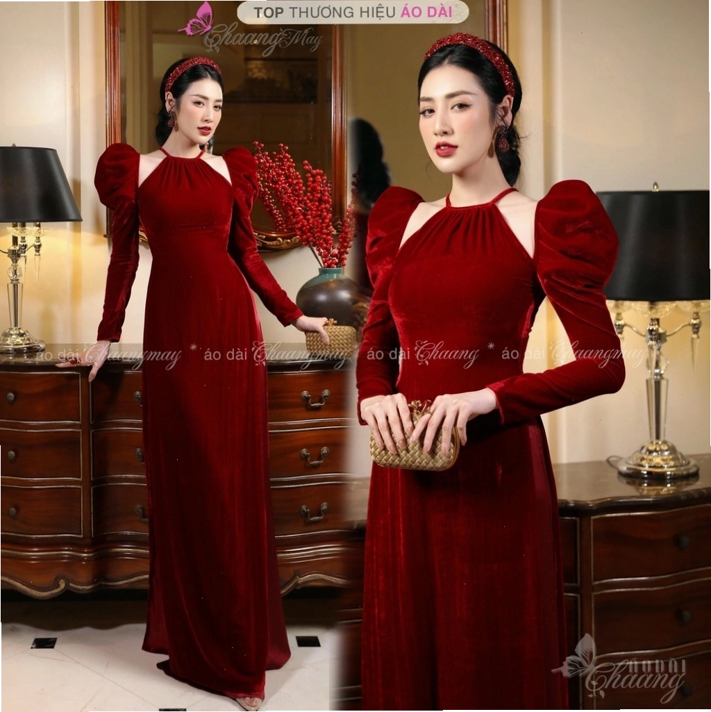 Áo dài nhung cổ yếm cách tân