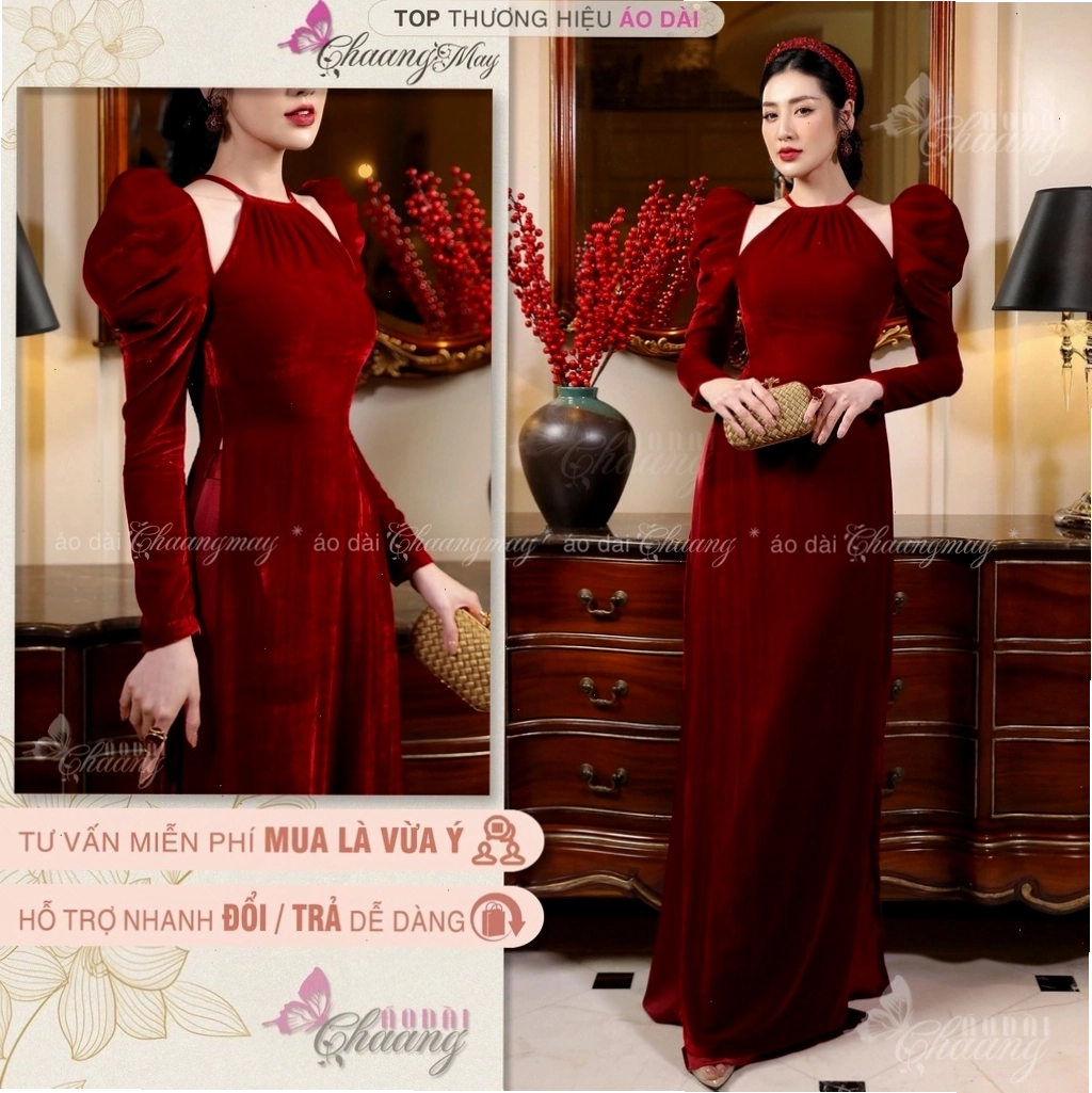 Áo dài nhung cổ yếm cách tân màu xanh dương