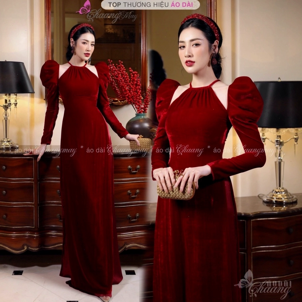 Áo dài nhung cổ yếm dáng ôm nhẹ