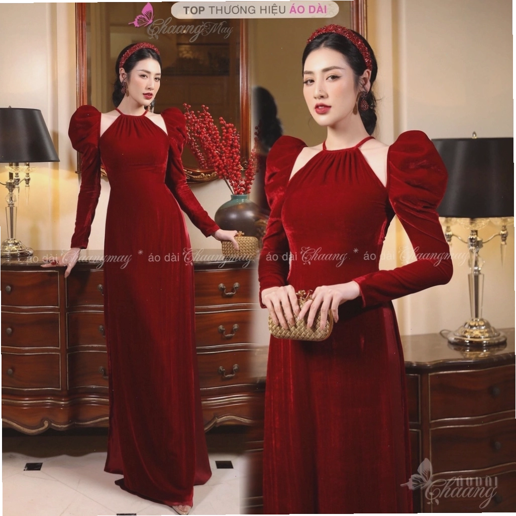 Áo dài nhung cổ yếm dáng suông đơn giản